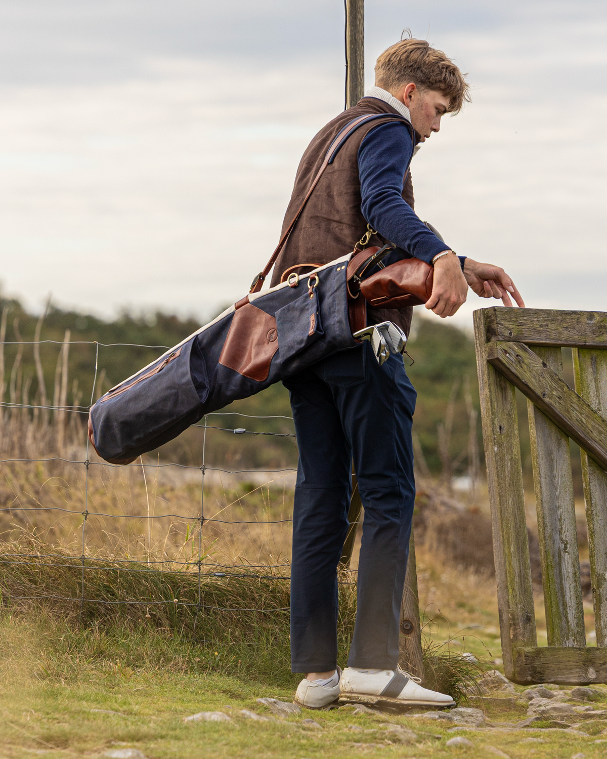 The Whitecap Sunday golf bag, side view showing the slim, balanced silhouette